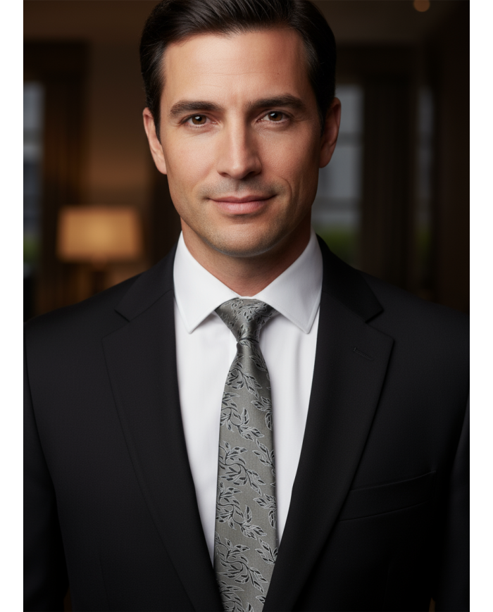 Cravate.tn | Cravate grise avec motifs florale en noir