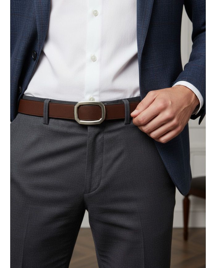 Cravate.tn | Ceinture Cuir réversible : Marron chocolat & noir grainé avec boucle unique