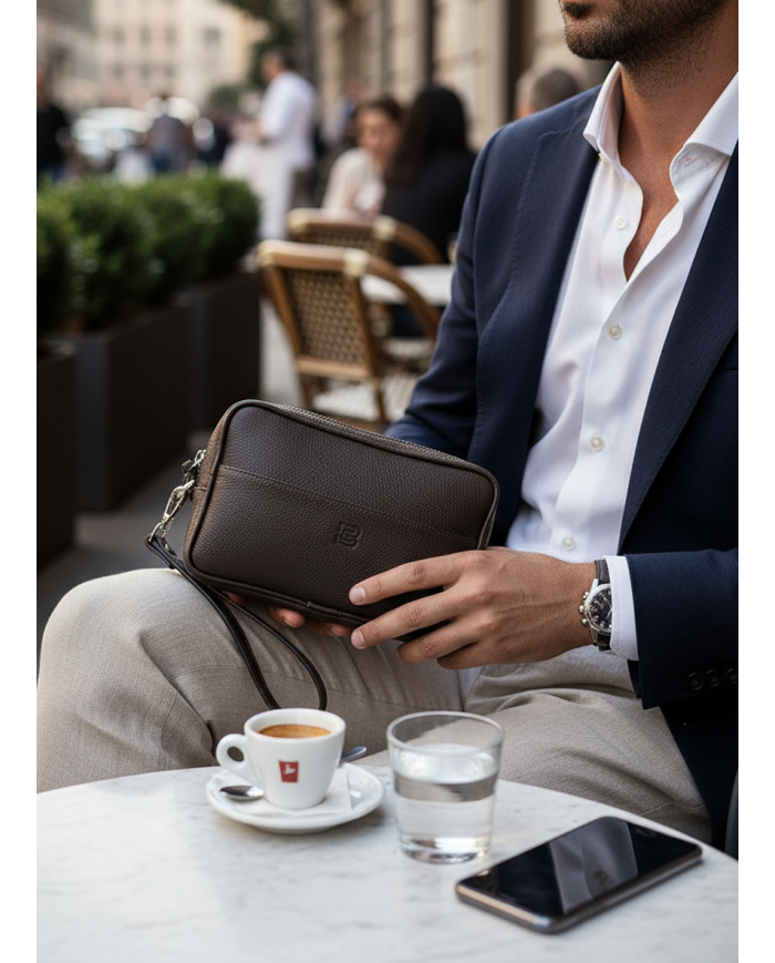 Trousse Pour Homme en véritable cuir - Marron foncé