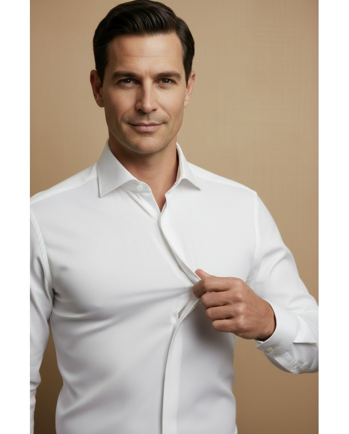 Cravate.tn | Chemise en popeline col ouvert stretch avec boutons cachés - blanc