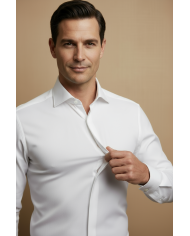 Cravate.tn | Chemise en popeline col ouvert stretch avec boutons cachés - blanc