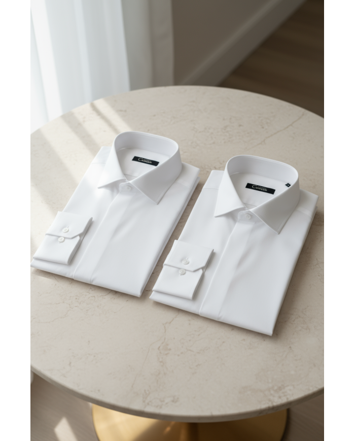 Cravate.tn | Pack 2 Chemises en popeline col ouvert stretch avec boutons cachés - blanc