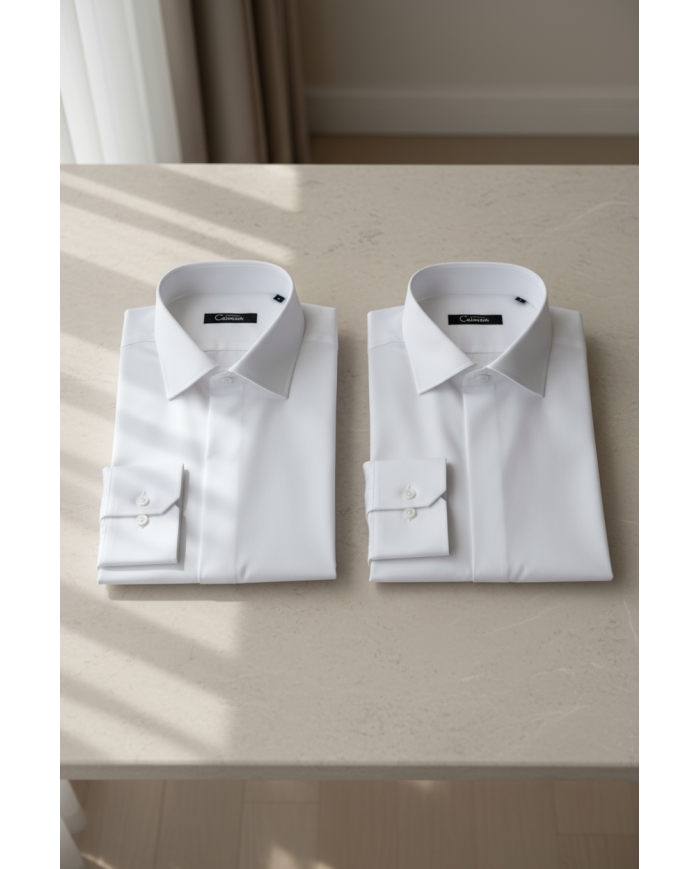 Cravate.tn | Pack 2 Chemises en popeline col ouvert stretch avec boutons cachés - blanc