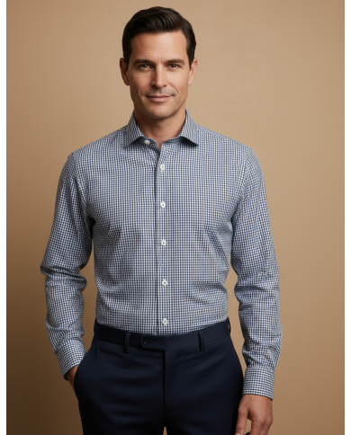 Chemise col ouvert vichy en bleu marine 100% coton