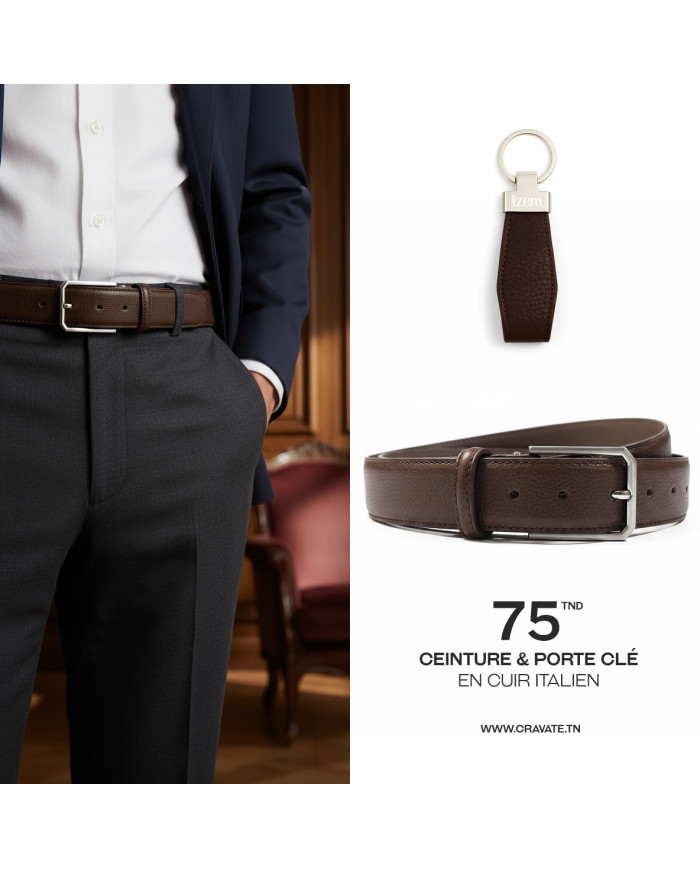 Portefeuille et porte clé en cuir marron grainé