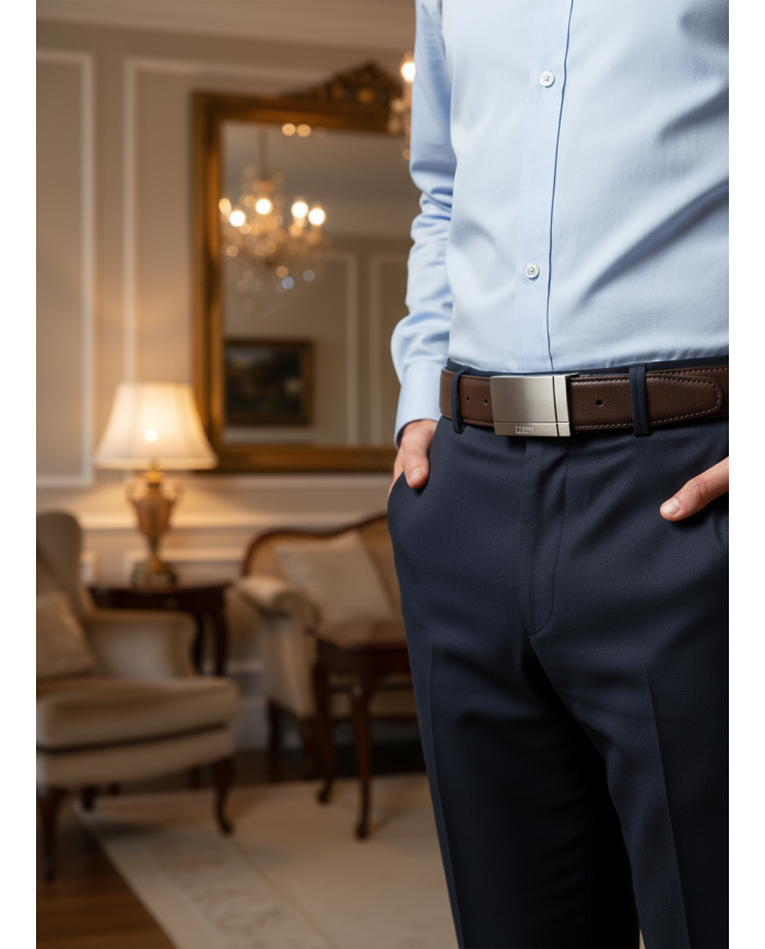 Ceinture cuir réversible avec boucle plate  : noir et bleu marine