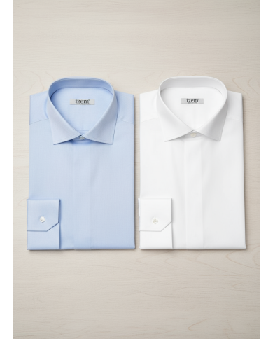 Pack 2 Chemises Col Français en popeline stretch avec boutons caché - blanc et bleu ciel