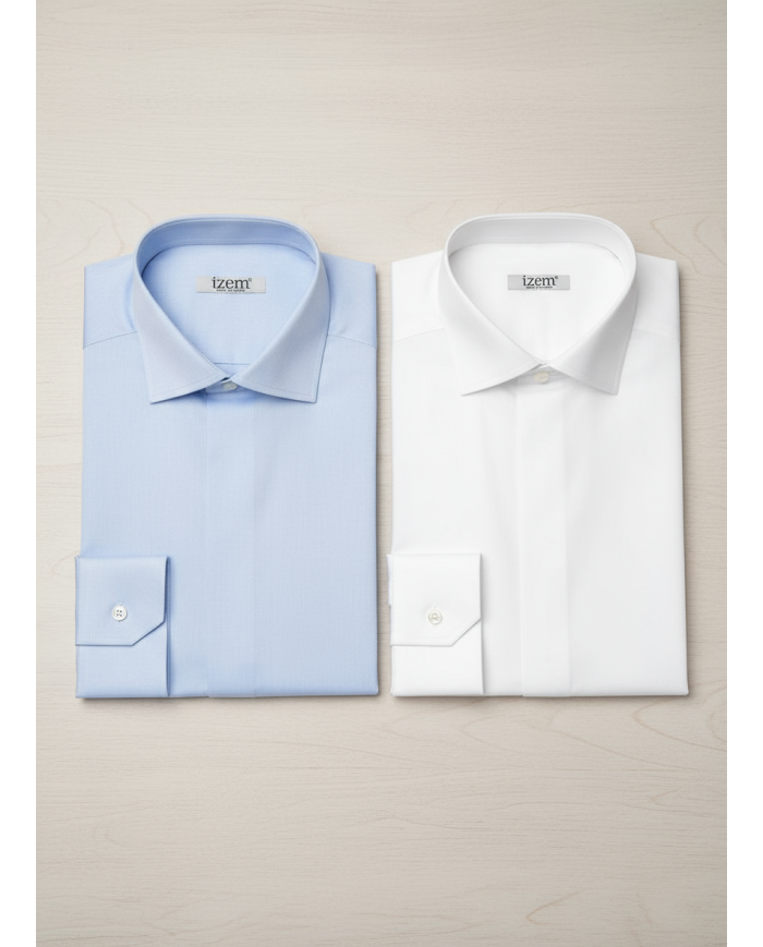 Pack 2 Chemises Col Français en popeline stretch avec boutons caché - blanc et bleu ciel