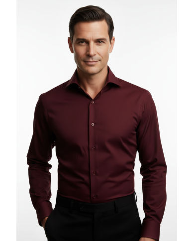 Cravate.tn | Chemise Col italien en popeline stretch - bordeaux