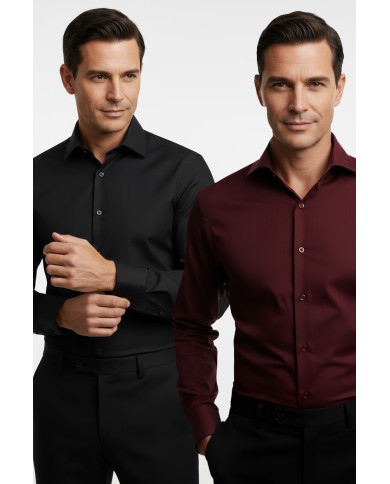 Pack 2 Chemises Col italien en popeline stretch - noir et bordeaux