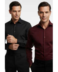 Pack 2 Chemises Col italien en popeline stretch - noir et bordeaux