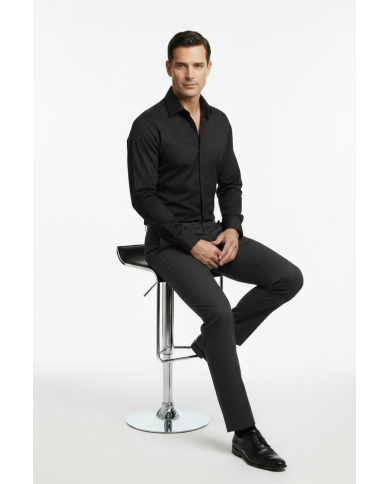 Cravate.tn | Chemise Col italien en popeline stretch - noir