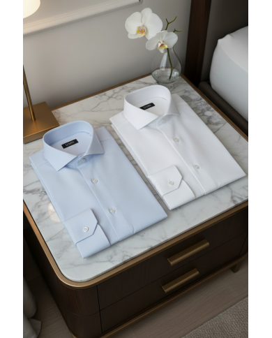 Pack 2 Chemises Col italien en popeline stretch - Blanche- Bleu ciel