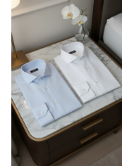 Pack 2 Chemises Col italien en popeline stretch - Blanche- Bleu ciel