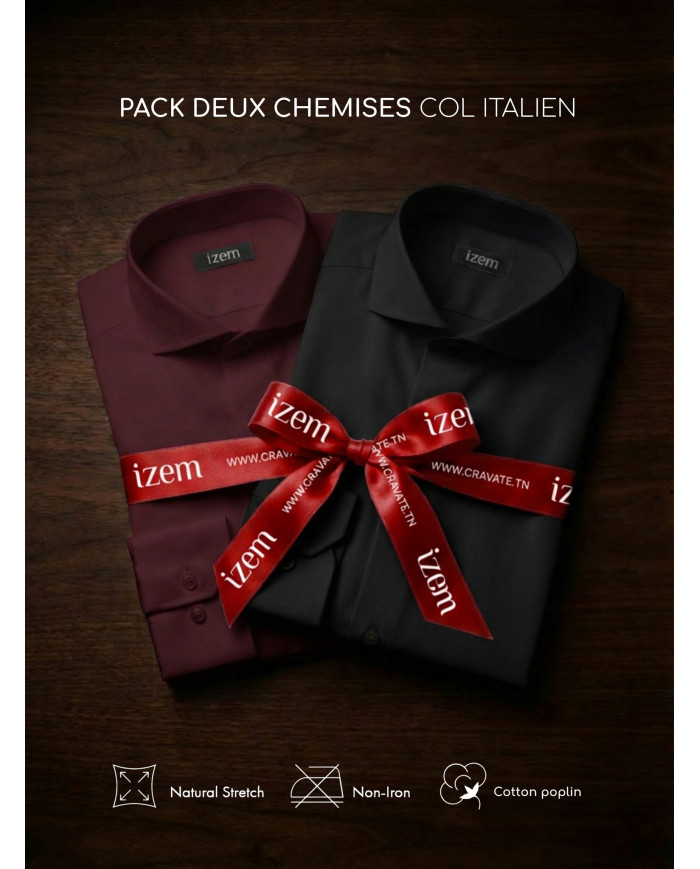 Pack 2 Chemises Col italien en popeline stretch - noir et bordeaux