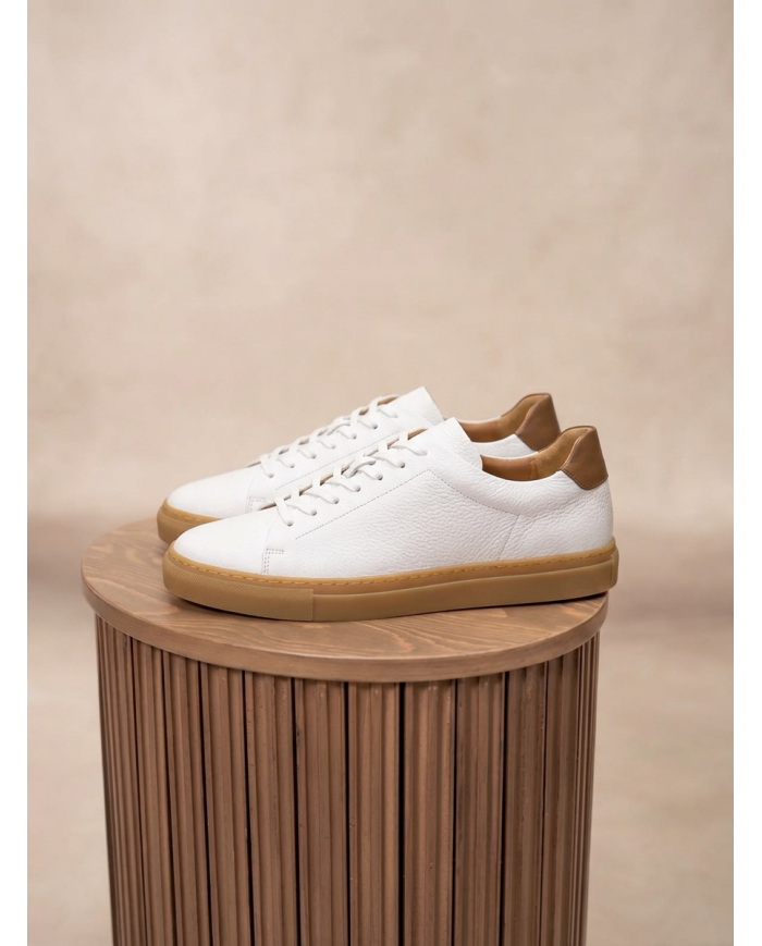Cravate.tn | Sneakers Cuir blanc crispé avec semelle en miel - Izem