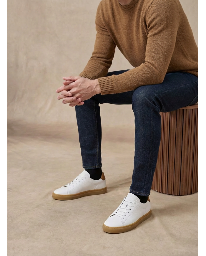 Cravate.tn | Sneakers Cuir blanc crispé avec semelle en miel - Izem