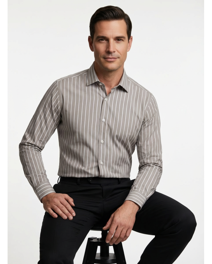 Chemise col ouvert Beige avec rayure blanche