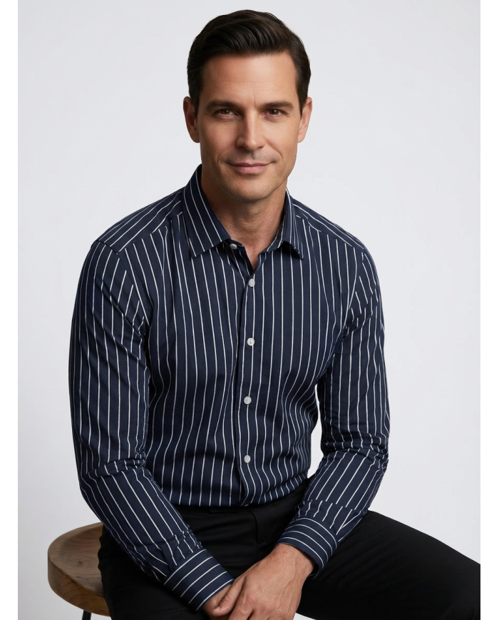 Chemise col ouvert Bleu nuit avec rayure blanche