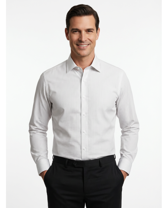 Chemise blanche homme à fines rayures en beige