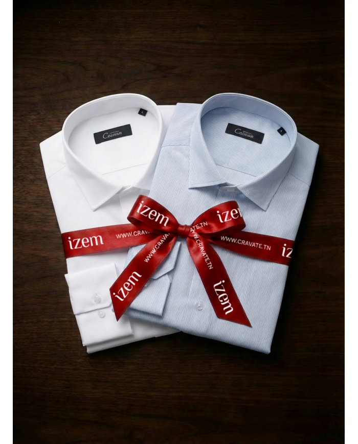 Pack 2 Chemises Col ouverte en popeline- Blanche- et blanche avec rayure fine