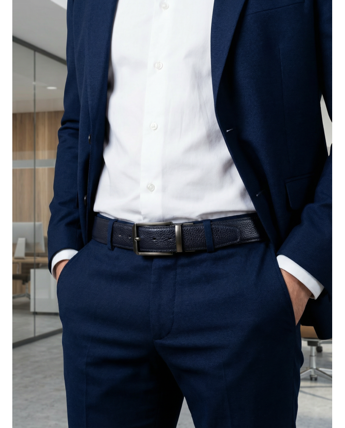 Ceinture cuir grainé réversible : Bleu marine & noir