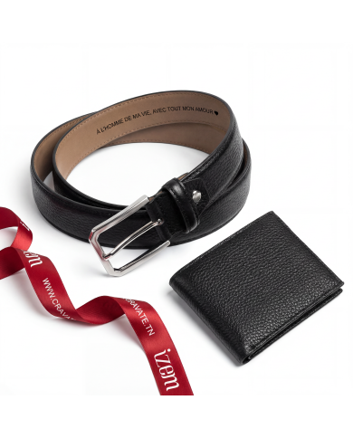 Coffret ceinture et portefeuille en cuir grainé : noir