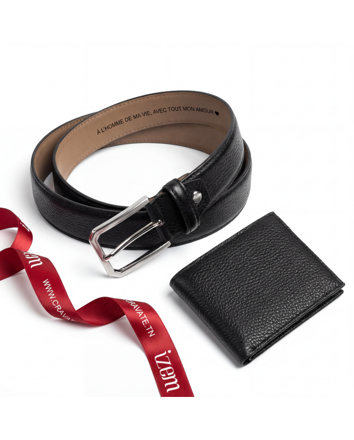 Coffret ceinture et portefeuille en cuir grainé : noir