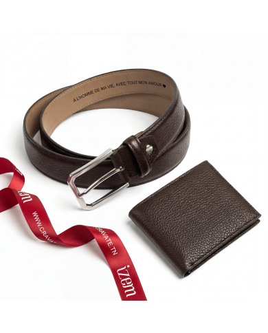 Coffret ceinture et portefeuille en cuir grainé : marron
