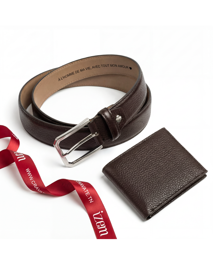 Coffret ceinture et portefeuille en cuir grainé : marron