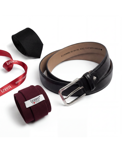 Coffret ceinture et portefeuille en cuir grainé : marron