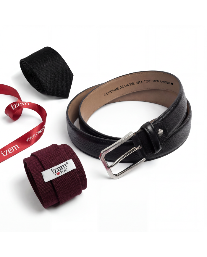 Coffret ceinture et portefeuille en cuir grainé : marron