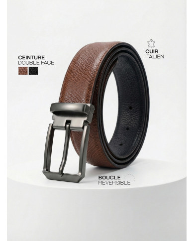 Coffret ceinture cuir réversible noir grainé et marron crispé & porte clé en cuir