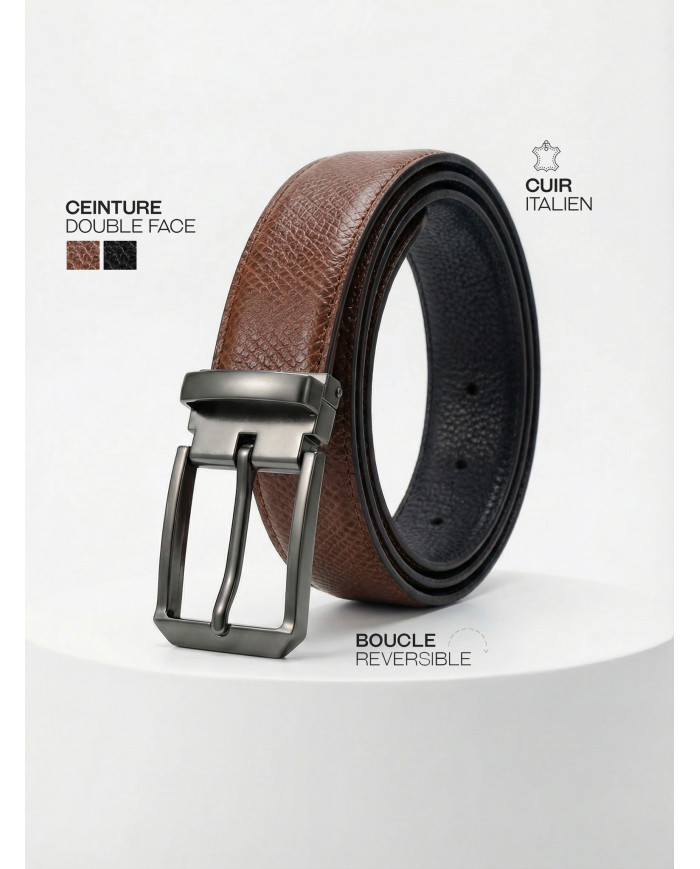 Coffret ceinture cuir réversible noir grainé et marron crispé & porte clé en cuir