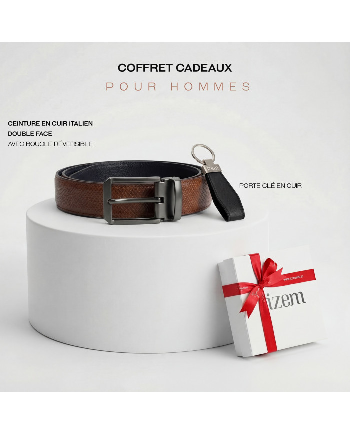 Coffret ceinture cuir réversible noir grainé et marron crispé & porte clé en cuir