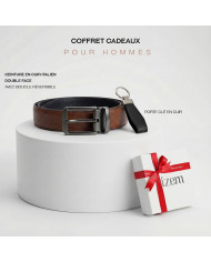 Coffret ceinture cuir réversible noir grainé et marron crispé & porte clé en cuir
