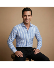 Chemise col ouvert Blanche avec rayure bleu ciel (100% coton)