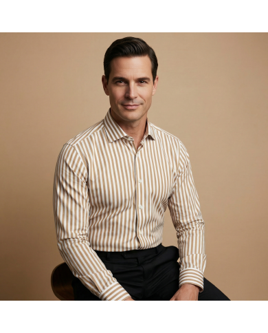 Chemise col ouvert Blanche avec rayure beige (100% coton)