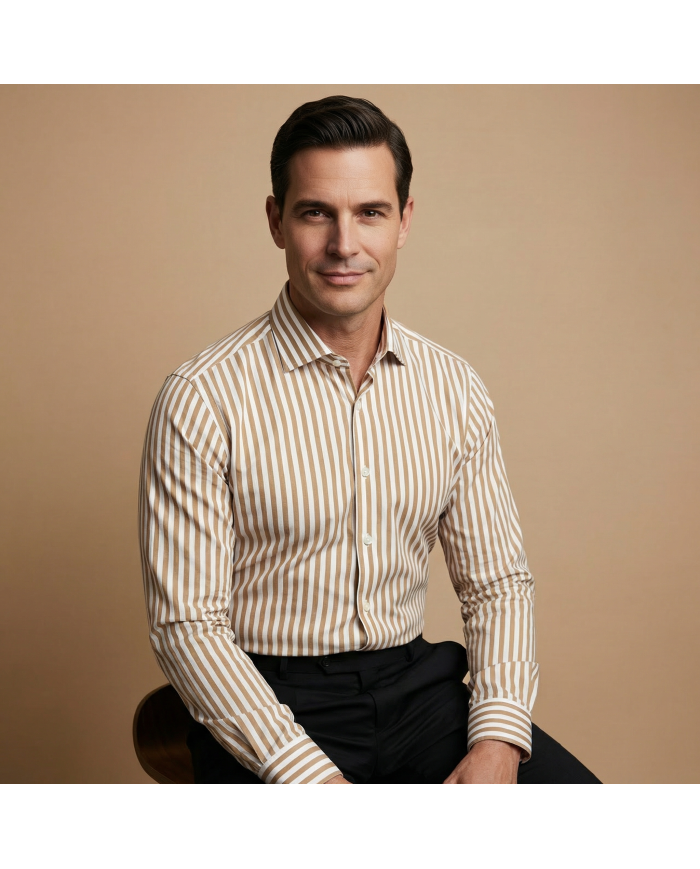 Chemise col ouvert Blanche avec rayure beige (100% coton)