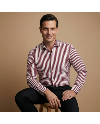 Chemise col ouvert Blanche avec rayure bordeaux (100% coton)