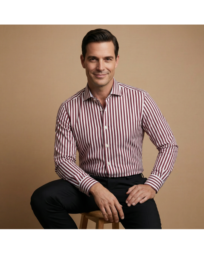 Chemise col ouvert Blanche avec rayure bordeaux (100% coton)