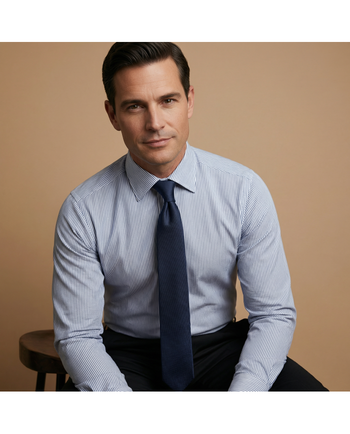 Chemise col Français Blanche avec rayure bleu tissé