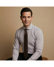 Chemise col italien Blanche avec rayure marron tissé